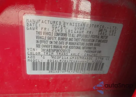 2019 Nissan Sentra Sr from USA, damaged, VIN 3N1AB7AP9KY290172